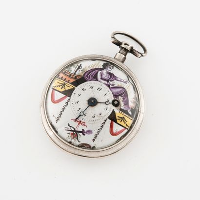Gusset watch in silver plated metal. 
Central...