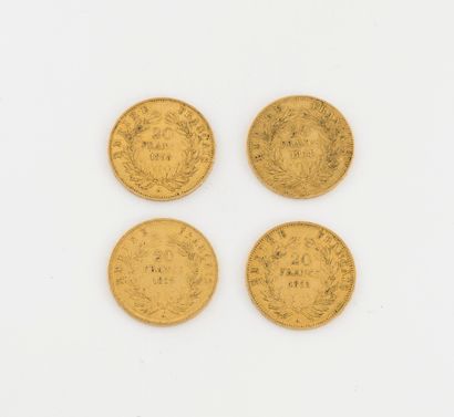 France 4 pièces de 20 francs or, Napoléon III tête nue, Paris 1854 et1859 (x2). 

Poids...