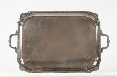 Angleterre Rectangular silver-plated metal serving tray with inset corners, bordered...