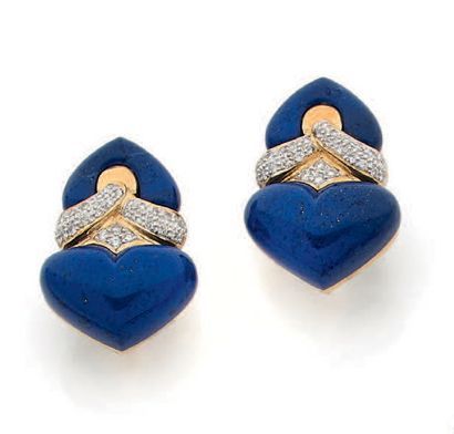 null Pair of earrings in yellow gold (750) formed of a brace and a heart in sculpted...