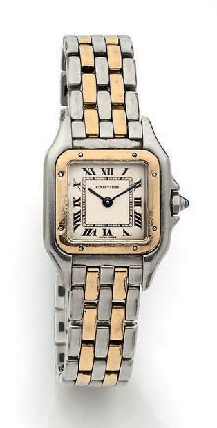 CARTIER, Panther
Ladies' bracelet watch in steel and yellow gold (750). 
 Square...