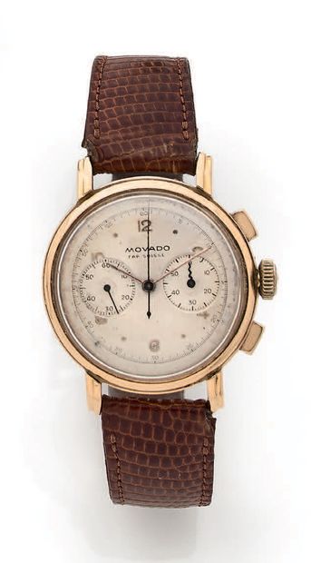 MOVADO Montre chronographe bracelet d'homme.
Boîtier rond en or jaune (750).
Cadran...