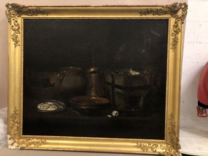 ECOLE de SEVILLE du XVIIème siècle 1- Still life with copper basin, ironed wooden...