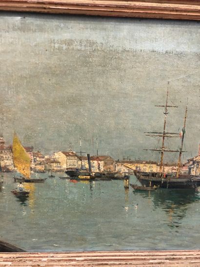 Antonio Reyna Manescau (1859-1937) Venise, trois élégantes se promenant en bord de...