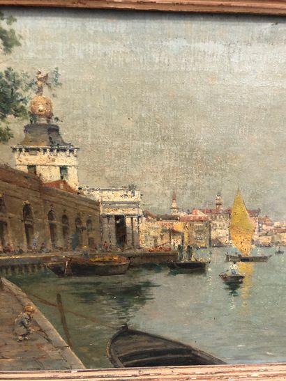 Antonio Reyna Manescau (1859-1937) Venise, trois élégantes se promenant en bord de...