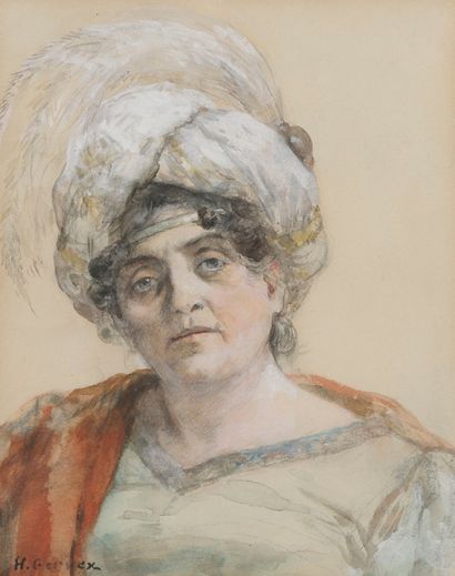 Attribué à Henri GERVEX (1852-1929) Femme au turban à l'aigrette.
Aquarelle.
Signée...