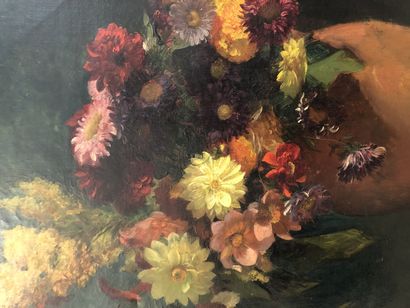 Prosper MARILHAT (1811-1847) Bouquet de dahlias, verge d'or et de branches de noisetier.
Huile...