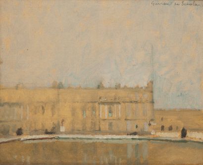 Lucien GUIRAND de SCEVOLA (1871-1950) Versailles.
Huile sur carton.
Signée en haut...