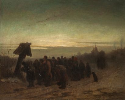 Leonid Ivanovic SOLOMATKIN (Russie, 1837-1883) La prière avant le départ,1875.
Huile...