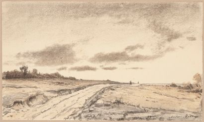 ANTON MELBYE (1818-1875) Chemin dans la plaine, 1865.
Crayon noir et crayon de couleur...