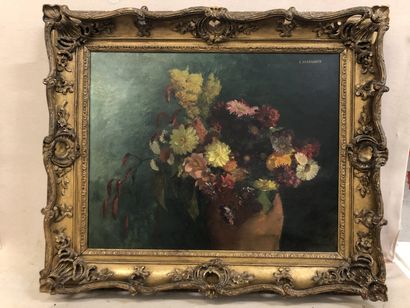 Prosper MARILHAT (1811-1847) Bouquet de dahlias, verge d'or et de branches de noisetier.
Huile...
