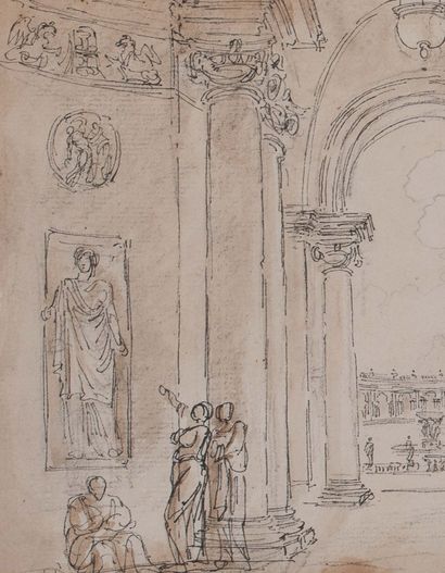 Hubert ROBERT (Paris 1733-Id.1808) Personnages admirant des antiques sous la colonnade...