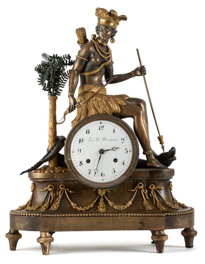 null 
Clock "L'Amérique" in chased, patinated and gilded bronze with palm tree and...