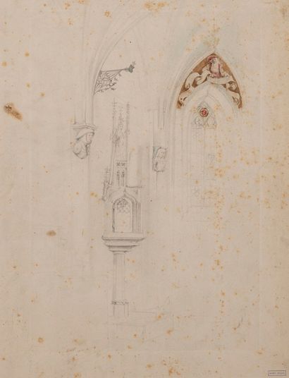 HANS MAKART (1840-1884) - Tour de château fort.
Crayon noir et rehauts de craie blanche.
47,2...
