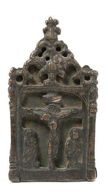 null Baiser de paix en bronze représentant la Crucifixion avec la Vierge et saint...