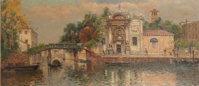 Antonio Reyna Manescau (1859-1937) Venise, canal animé de gondoles et de personnages.
Huile...