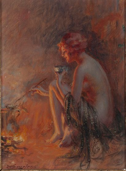 Delphin ENJOLRAS (1857-1945) Femme nue auprès d'un feu.
Huile sur panneau d'acajou.
Signée...