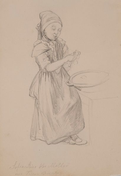 Paul August PLUM (1815-1876) Etude de jeune paysanne danoise.
Crayon noir et aquarelle...
