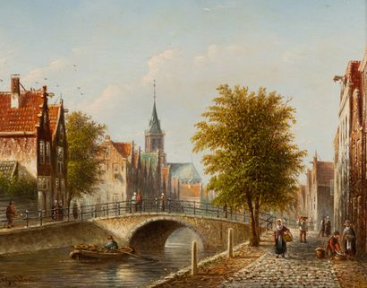 Johann Franciscus SPOHLER (1853-1894) Animated canal in Amsterdam.
Oil on bevelled...