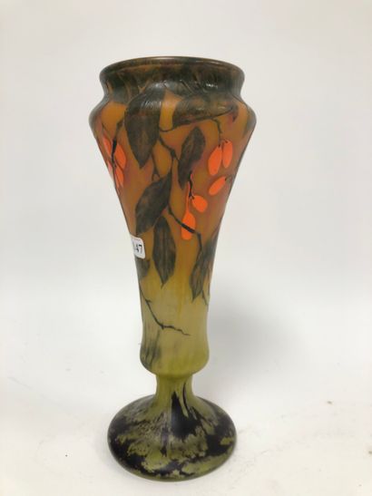 DAUM à Nancy Baluster vase on pedestal, with wide hemmed neck.
Proof in orange and...