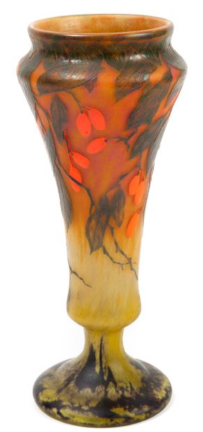 DAUM à Nancy Baluster vase on pedestal, with wide hemmed neck.
Proof in orange and...