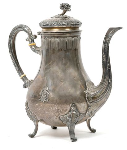 Alphonse DEBAIN Silver (950) quadripod coffee pot with swollen belly, with leafy...