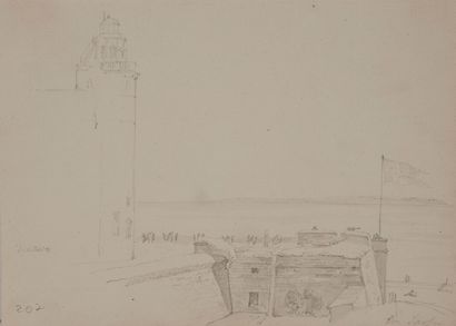 Carl Frederick Emanuel LARSEN (1823-1859) Paysage portuaire au Danemark.
Crayon noir...