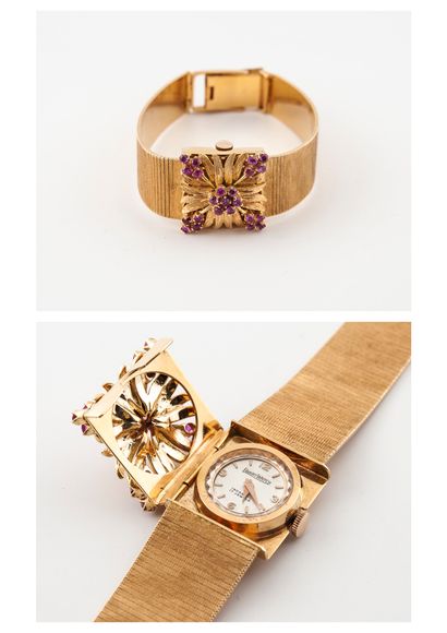 EBART WATCH Montre bracelet de dame en or jaune (750). 
Boîtier carré avec cache-cadran...