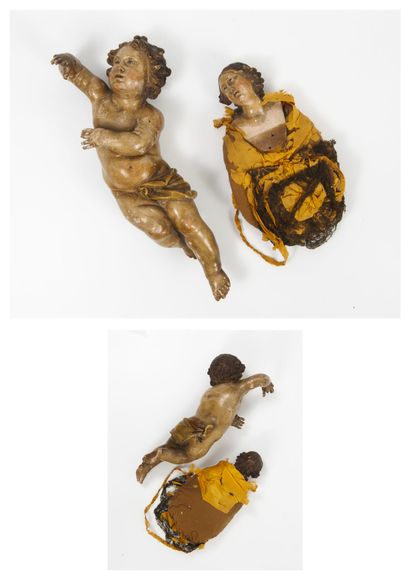 ITALIE, XVIIIème-XIXème siècles Deux sujets sculptés en bois polychrome, les visages...