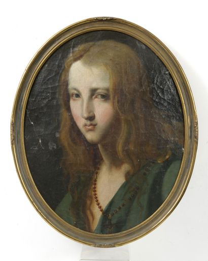 ECOLE FRANCAISE DU XIXème siècle Portrait of a young woman with a rosary. 

Oil on...