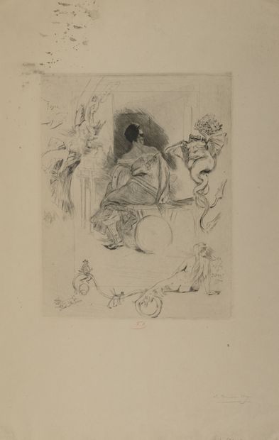 Félicien Rops (1833-1898) Lot de 4 gravures : 

- Nu féminin sur un canapé. 

Héliogravure.

Annotée...