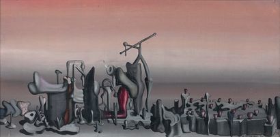 Yves TANGUY (1900-1955) Elle viendra, 1950. Oil on canvas. Titled, dated and handwritten...