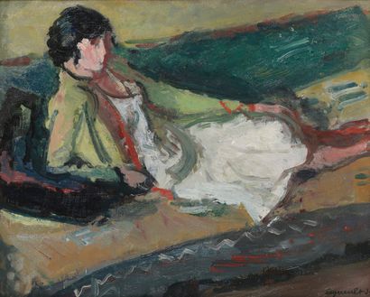 Raymond LEGUEULT (1898-1971) 
Femme allongée dans un intérieur, 1930.
Huile sur toile.
Signée...
