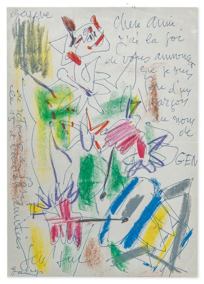GEN PAUL (1895-1975) 
Le clown au tambour, 1953.
Stylo bille et crayolor sur papier.
Signé...