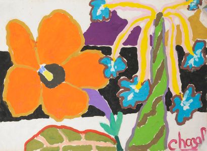 Malcolm de CHAZAL (1902-1981) 
Paysage à la fleur d'hibiscus, circa 1965.
Gouache...