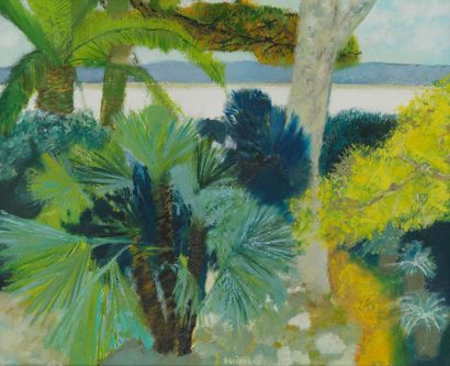 Guy Bardone (1927-2015) 
Palmiers à Bandol.
Huile sur toile.
Signée en bas au milieu.
54...