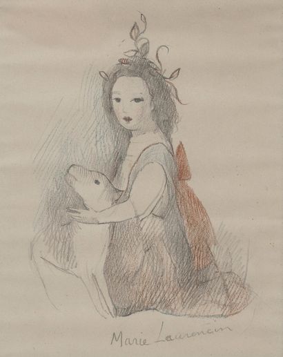 Marie LAURENCIN (1883-1956) 
Girl with dog.
Pencil lead and coloured pencils on paper.
Signature...