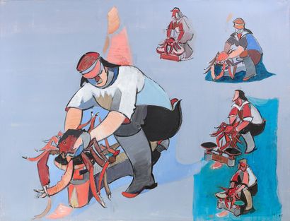 Jean HÉLION (1904-1987) 
Pêcheurs d'araignées, 1975.
Acrylique sur toile.
Signée...
