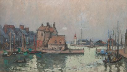 André HAMBOURG (1909-1999) 
Honfleur, Le Vieux bassin, 1962.
Huile sur toile.
Signée...