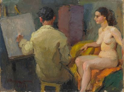 Vladimir ROZMAINSKI (1885-1943) 
The painter and his model,1939.
Oil on panel.
Signed...