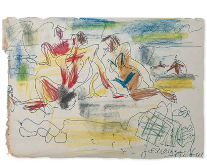 GEN PAUL (1895-1975) 
Scène de plage.
Stylo bille et crayolor sur papier.
Signé et...