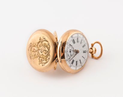  Yellow gold (750) collar watch. 
Numerical back cover. 
White enamelled dial, hour...