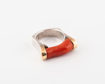 null Silver ring (min. 800) holding a red coral (Corallium spp) (Corallidae spp)...