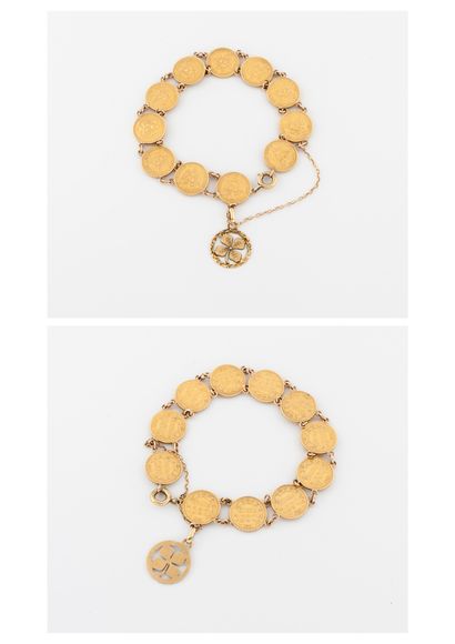 null Yellow gold (750) bracelet made of two gold pesos coins, 1919 and 1920, holding...