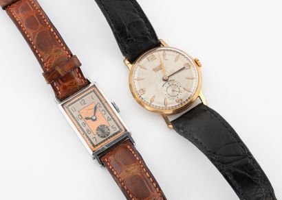 null Two men's wrist watches.

Rectangular or round metal cases.

Mechanical movements...