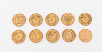 France Lot of 10 pieces of 20 francs gold :

- Louis Napoleon Bonaparte, 1852 Paris....
