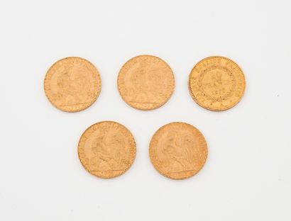 France Lot de 5 pièces de 20 francs or, IIIème république : 

- Au génie, 1876 Paris....