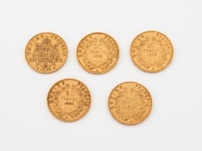 France Lot de 5 pièces de 20 francs or, Napoléon III : 

- 1856 Paris (x2)

- 1858...