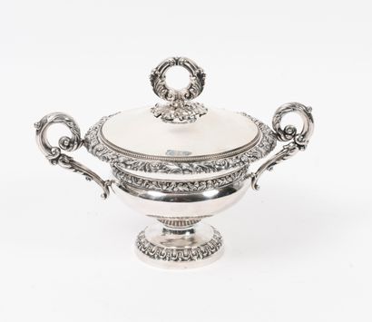 France, Paris, 1819-1838 Silver (950) covered sugar bowl on pedestal, with two handles...