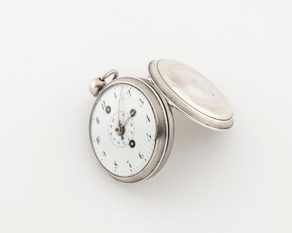  Silver pocket watch (min. 800). 
Bezel, caseband and back cover guilloche with radial...